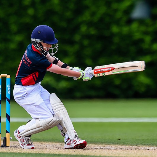 Boy in helmet and pads whacks a cricket ball image