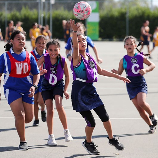 Girls in purple and red bibs playing netball image