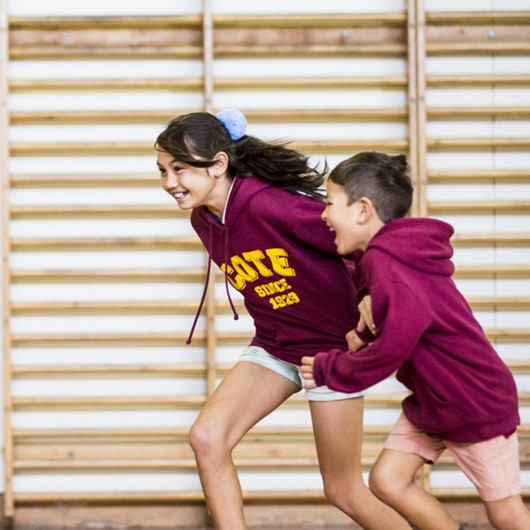 Girl and boy racing each other in the gym image