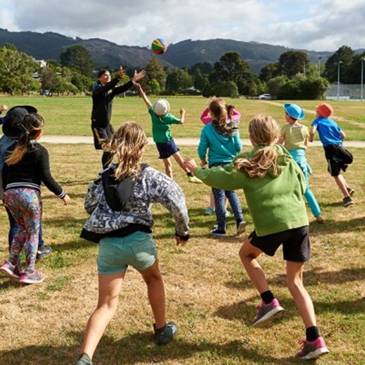 A group of kids playing ball game in a field image