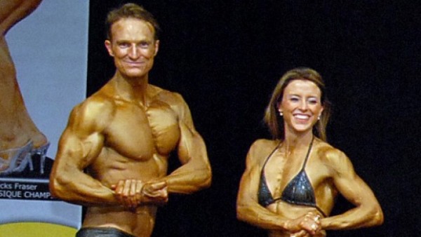 male and female body builders posing at a competition 
