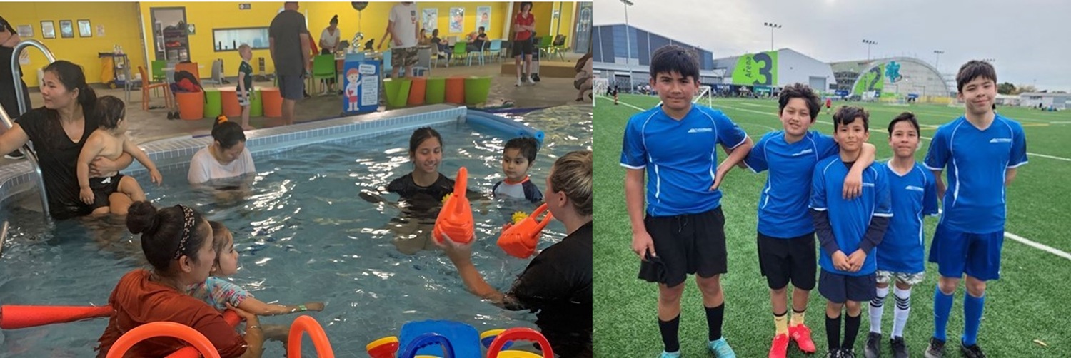 Families playing in a pool and boys on a rugby field