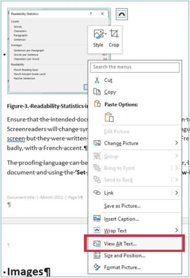 Screenshot from MS Word showing where to add alt text for an image