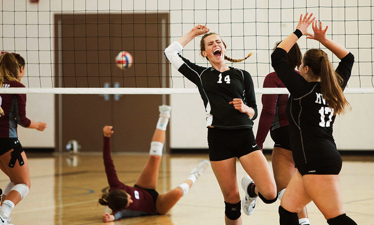 Volleyballers high five after winning a point