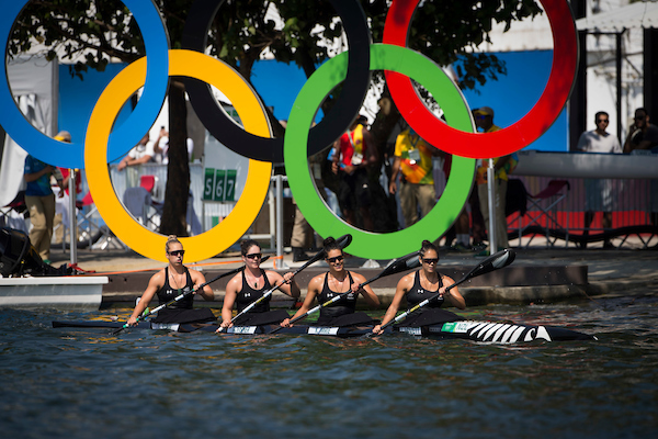 Kayla Imrie kayaking with her team at the Olympics