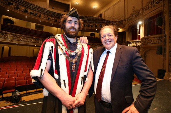 The Southland rugby captain and the mayor of Invercargill on a stage