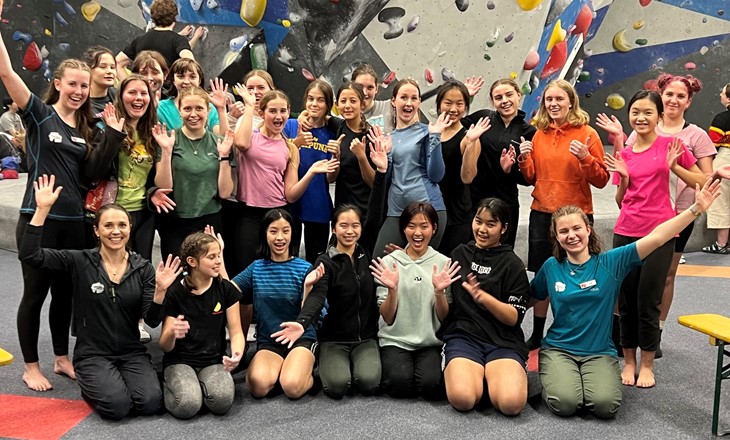 Group of young women at a climbing gym