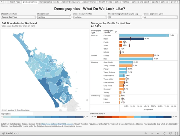 Demographics tab screenshot from Sport NZ Insights Tool